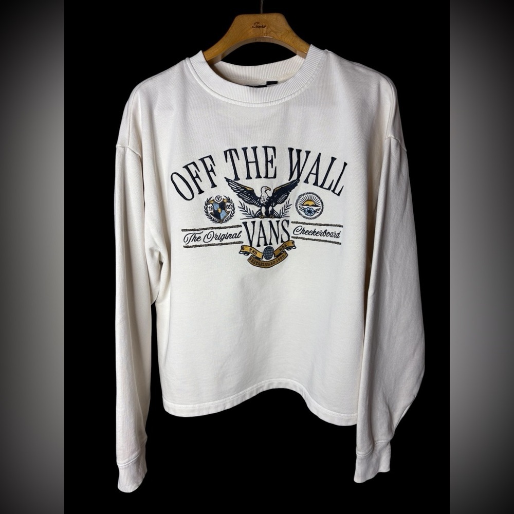 Vans Women’s Casual Boxy Pullover Crew Neck Sz S Cream Embroidered Off The Wall